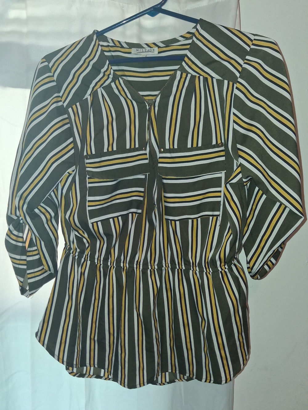 Mintage Olive Stripe Peplum Blouse with Mustard Accents